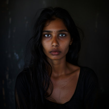 Portrait of a young woman with a thoughtful expressionの素材