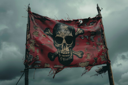 Tattered pirate flag waving under stormy skiesの素材