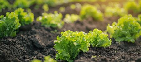 Fresh lettuce growing in fertile farm soil under sunlightの素材