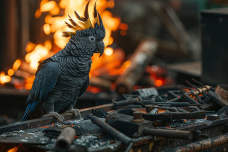 Cockatoo on a fiery backdrop in a blacksmith workshopの素材