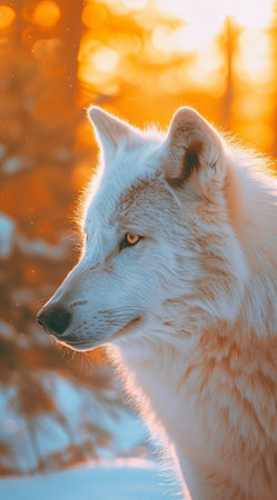 Majestic white wolf in golden sunset lightの素材