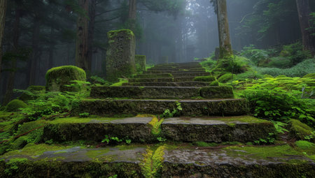 Mystical moss-covered stone steps in a foggy forestの素材