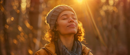 Woman enjoying a serene sunset in the forestの素材