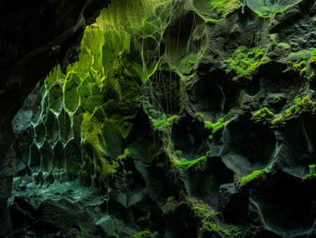 Mystical Green Cave with Intricate Spider Websの素材