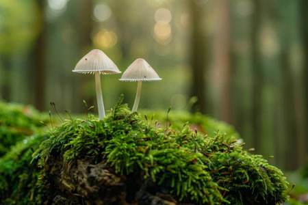 Mushrooms Growing on a Mossy Log in a Forestの素材