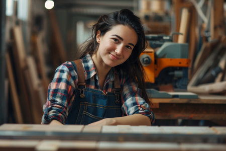 Confident young female carpenter in a woodworking workshopの素材