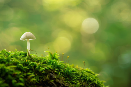 Solitary mushroom on a mossy forest floor with sunlit bokeh backgroundの素材