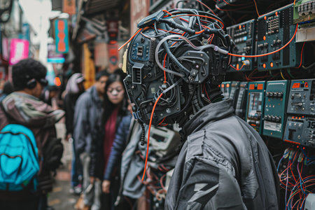 Futuristic cyborg with electronic headgear walking through a crowded urban streetの素材