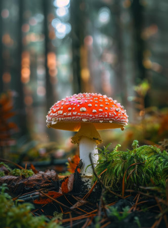 Vibrant red mushroom in a misty forestの素材