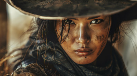 Intense gaze of a young woman in a rugged cowboy hatの素材