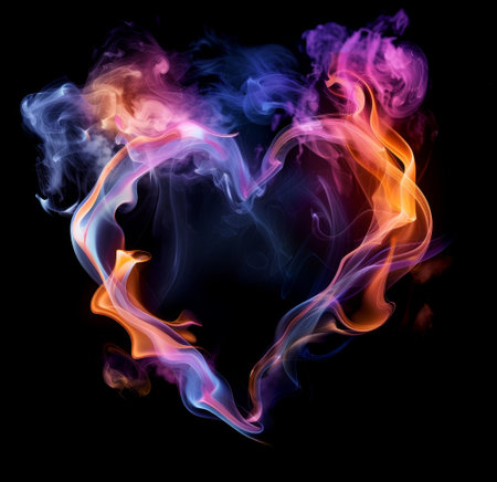 Colorful smoke forming a heart shape on a dark backgroundの素材