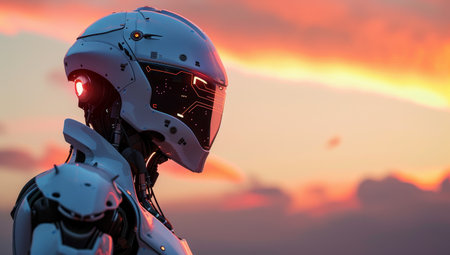 Futuristic robot gazing at sunsetの素材