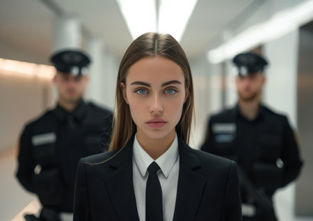 Confident young female leader with security team in modern office corridorの素材