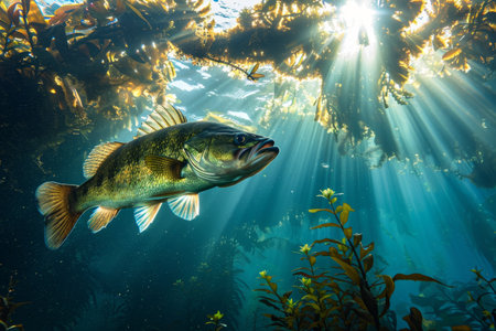 Sunlight Filtering Through Water Illuminating a Fish in a Serene Underwater Sceneの素材