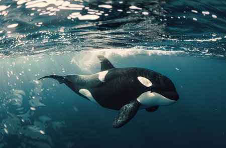 Orca swimming gracefully underwaterの素材