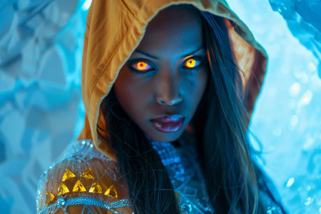 Mystical woman with glowing eyes in a futuristic settingの素材