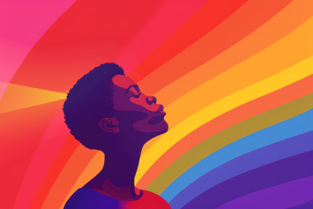 Young man looking up with hope against a vibrant rainbow backgroundの素材
