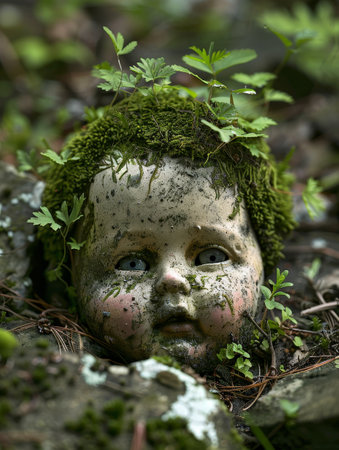 Moss-covered doll head emerging from forest floorの素材