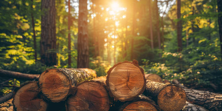 Sunset through trees illuminating stacked logs in a forestの素材