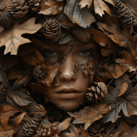 Mystical Autumn Spirit with a Crown of Leaves and Pine Conesの素材