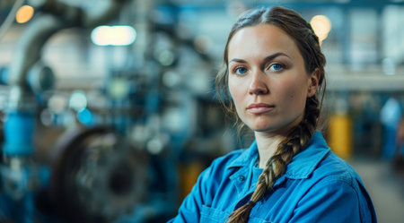 Confident female engineer in industrial settingの素材