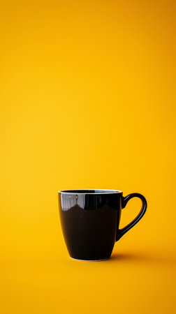 Black coffee mug on a vibrant yellow backgroundの素材