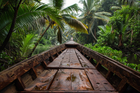 Journey through a tropical river in a wooden boatの素材
