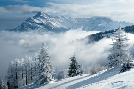 Winter Wonderland: Snow-Covered Mountains and Misty Forestの素材