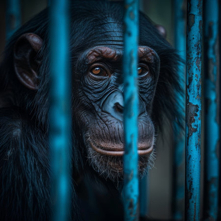 Chimpanzee behind bars looking contemplativeの素材