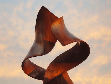 Abstract metal sculpture against a sunset skyの素材