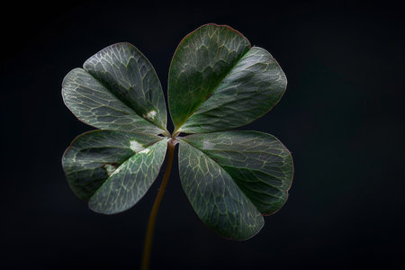 Close-up of a vibrant four-leaf clover against a dark backgroundの素材