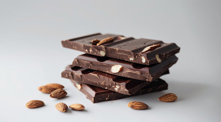 Stack of Dark Chocolate with Almonds on a Light Backgroundの素材
