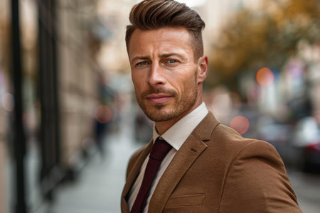 Confident businessman in a stylish suit walking in the cityの素材