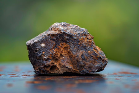Close-up of a weathered, rusty rock on a textured surfaceの素材