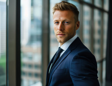 Confident businessman in a modern officeの素材