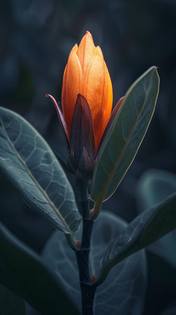 Glowing Orange Flower Bud Illuminated in Moody Lightingの素材