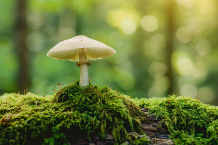 Mushroom on a mossy forest floor with sunlight filtering through treesの素材