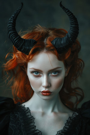 Mystical woman with horns in a dark fantasy settingの素材