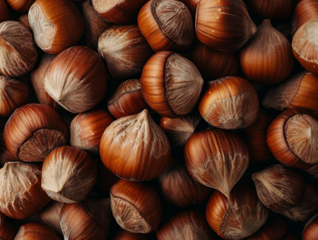 Close-up of Fresh Hazelnuts in Abundanceの素材