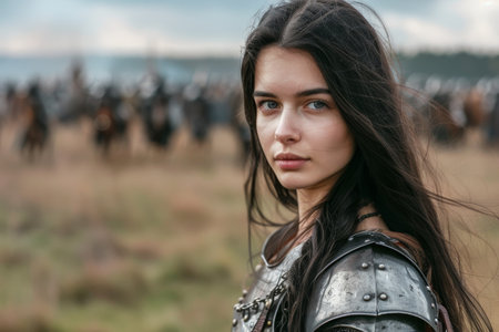 Female warrior in armor with a battlefield in the backgroundの素材