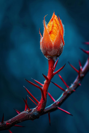 Vibrant orange bud emerging amidst sharp thornsの素材