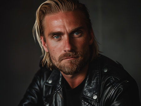 Portrait of a serious man with blonde hair wearing a leather jacketの素材