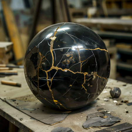 Restored black marble sphere with golden seams on a workshop tableの素材