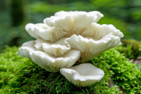 Lush white mushrooms growing on vibrant green moss in a forestの素材