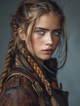 Portrait of a young woman with braided hair and intense gazeの素材