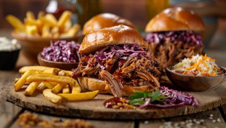 Delicious pulled pork sandwich with coleslaw and fries on a rustic wooden tableの素材