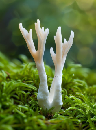 Delicate white coral fungus emerging from vibrant green mossの素材