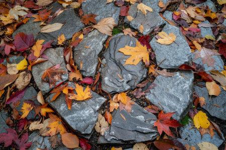 Autumn leaves scattered on a stone pathの素材