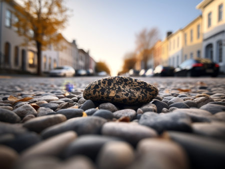 Close-up of a patterned rock on a cobblestone street with blurred city backgroundの素材