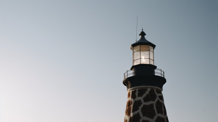 Giraffe reaching for lighthouse light at duskの素材